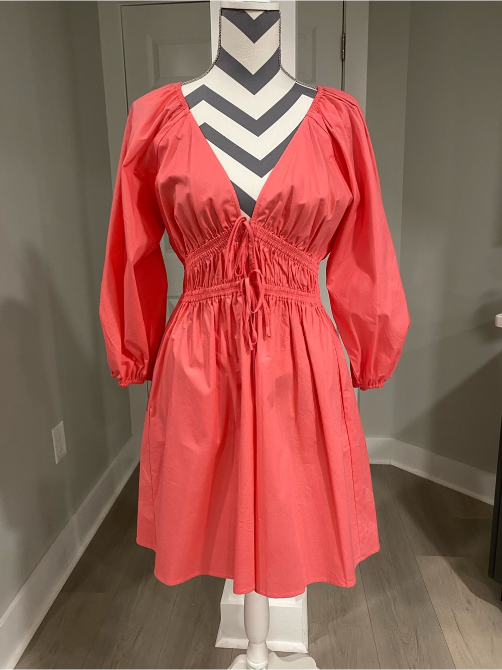 Wayf Coral-Peach V-Neck Puff Sleeve Mini Dress